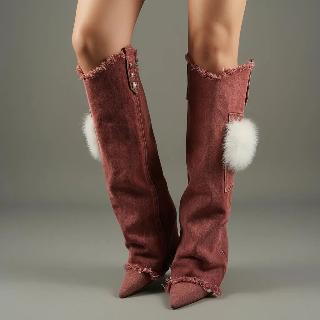Tuhoomall Knee High Boots with Faux Fur and Metallic Buckles for Vintage Parties and Casual Outings Tuhoomall