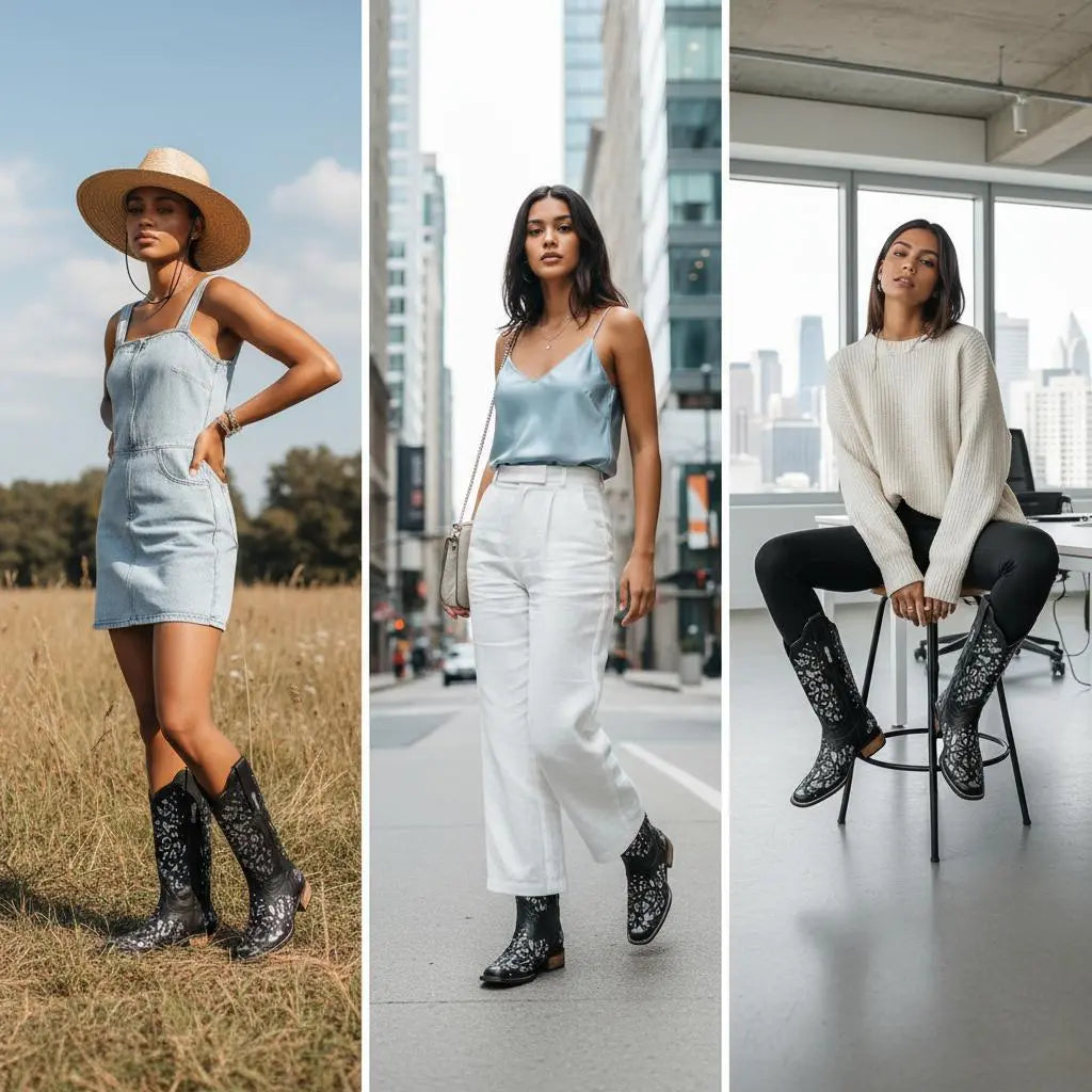 Tuhoomall Western Style Embroidered Mid-Calf Boots For Fashion, Travel, Outdoor - Chunky Heel, Faux Suede, Slip-On, Rhinestones, 3cm Heel Height Tuhoomall