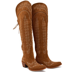 Tuhoomall Western Style Knee High Boots for Women with Floral Embroidery, Adjustable Buckle, and Rubber Sole for Casual Spring, Fall, and Winter Wear