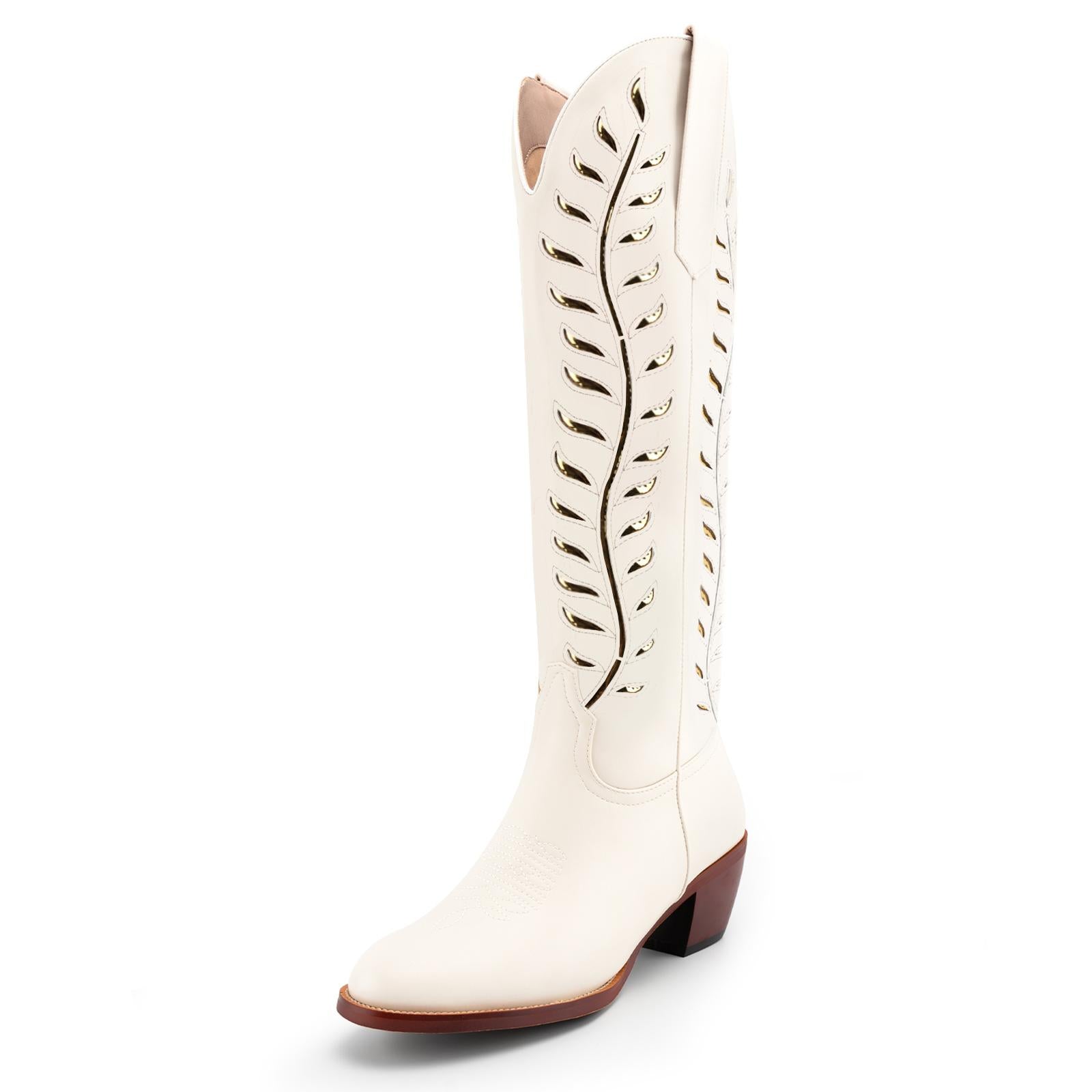 Tuhoomall Western Mid Calf Boots for Women, Embroidered Vegan Leather, Casual Chunky Heel, Spring Autumn Winter Fashion