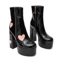 Tuhoomall Chunky Heeled Ankle Boots for Women, Heart Pattern, Zipper Closure, All-Season Fashion, Perfect for Parties and Travel