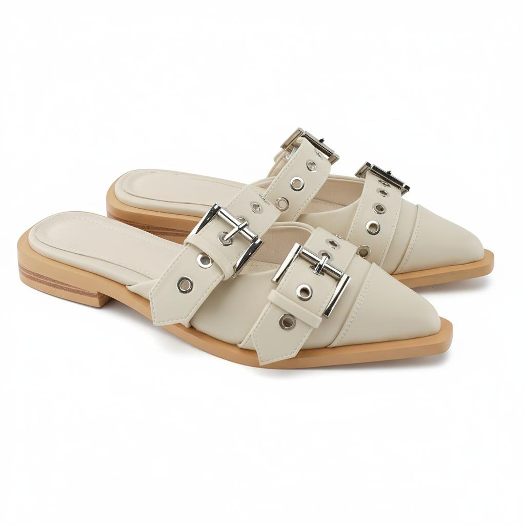 Tuhoomall Comfortable Pointed-Toe Mule Sandals for Summer Travel | Adjustable Metal Button Design | Casual Street Style Tuhoomall