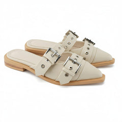 Tuhoomall Comfortable Pointed-Toe Mule Sandals for Summer Travel | Adjustable Metal Button Design | Casual Street Style Tuhoomall