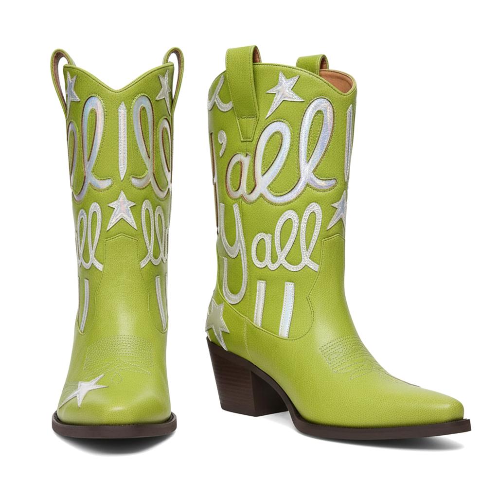 Tuhoomall Comfortable Western Boots for Fashion Parties and Daily Wear with Star and Letter Embroidery, Chunky Heel, Slip-On Design Tuhoomall