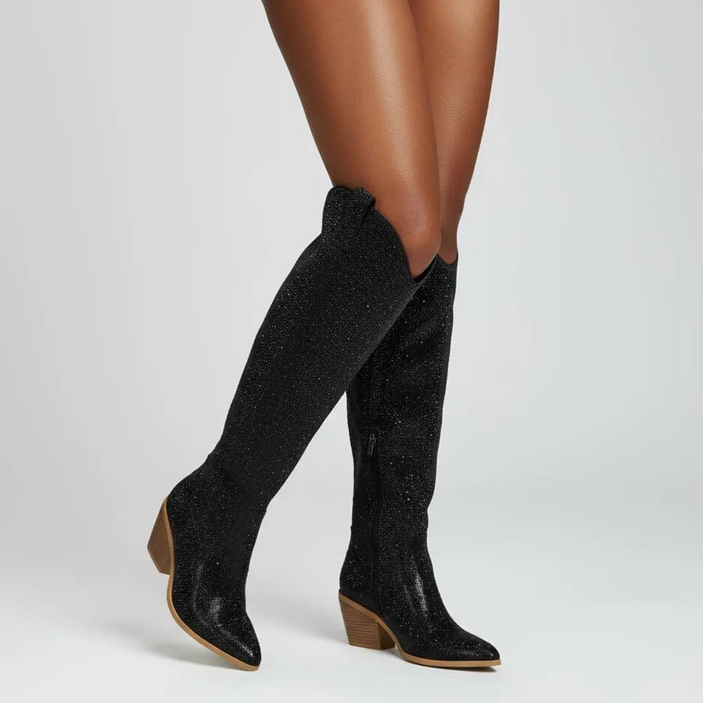 Tuhoomall Western Over-Knee Cowboy Boots With Chunky Heel, Rhinestone-Studded Vegan Leather, Casual All-Season Style, Round Toe, Zipper Closure Tuhoomall