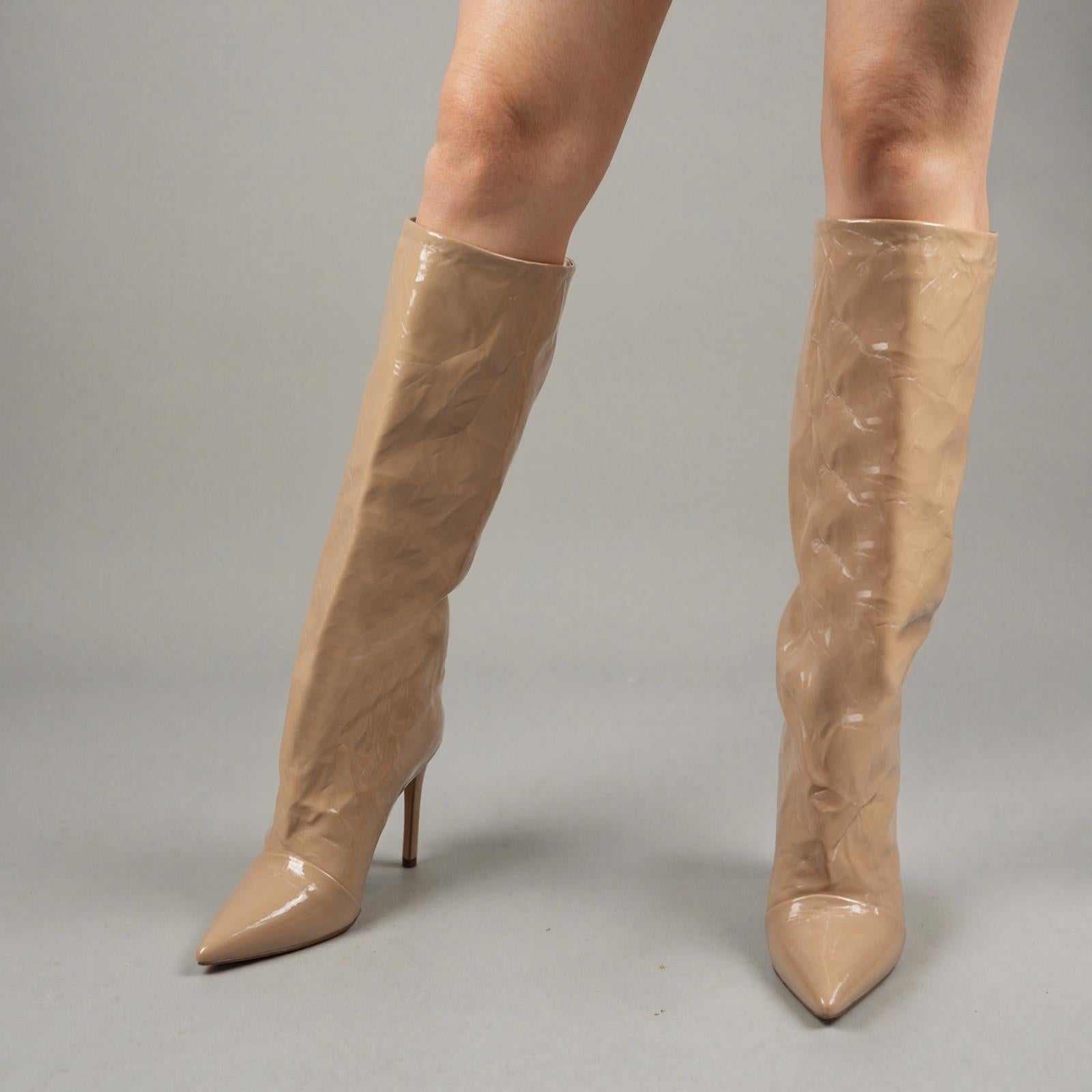 Tuhoomall Knee High Fashion Boots For Parties And Performances With 9.5cm Stiletto Heels And Crinkled PU Leather