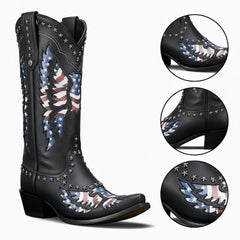 Tuhoomall Western Mid-Calf Boots for Women, Rubber Sole, 1.75 in Chunky Heel, Easy Slip-On, Stylish Embroidered Star Design for Casual and Travel