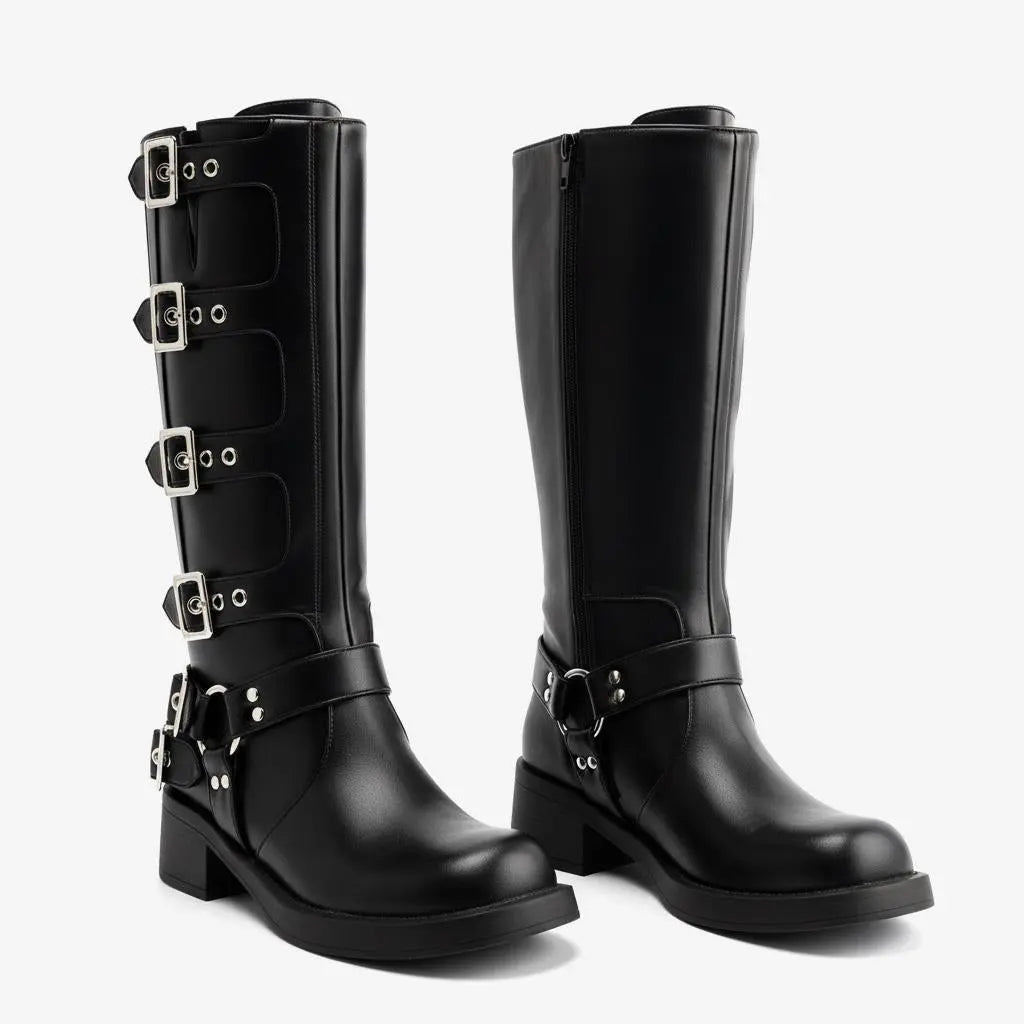 Tuhoomall Vintage Stylish Casual Boots for Women, Comfortable Mid-Calf Square-Toe with Chunky Heel, Adjustable Buckle, All-Season Wear Tuhoomall