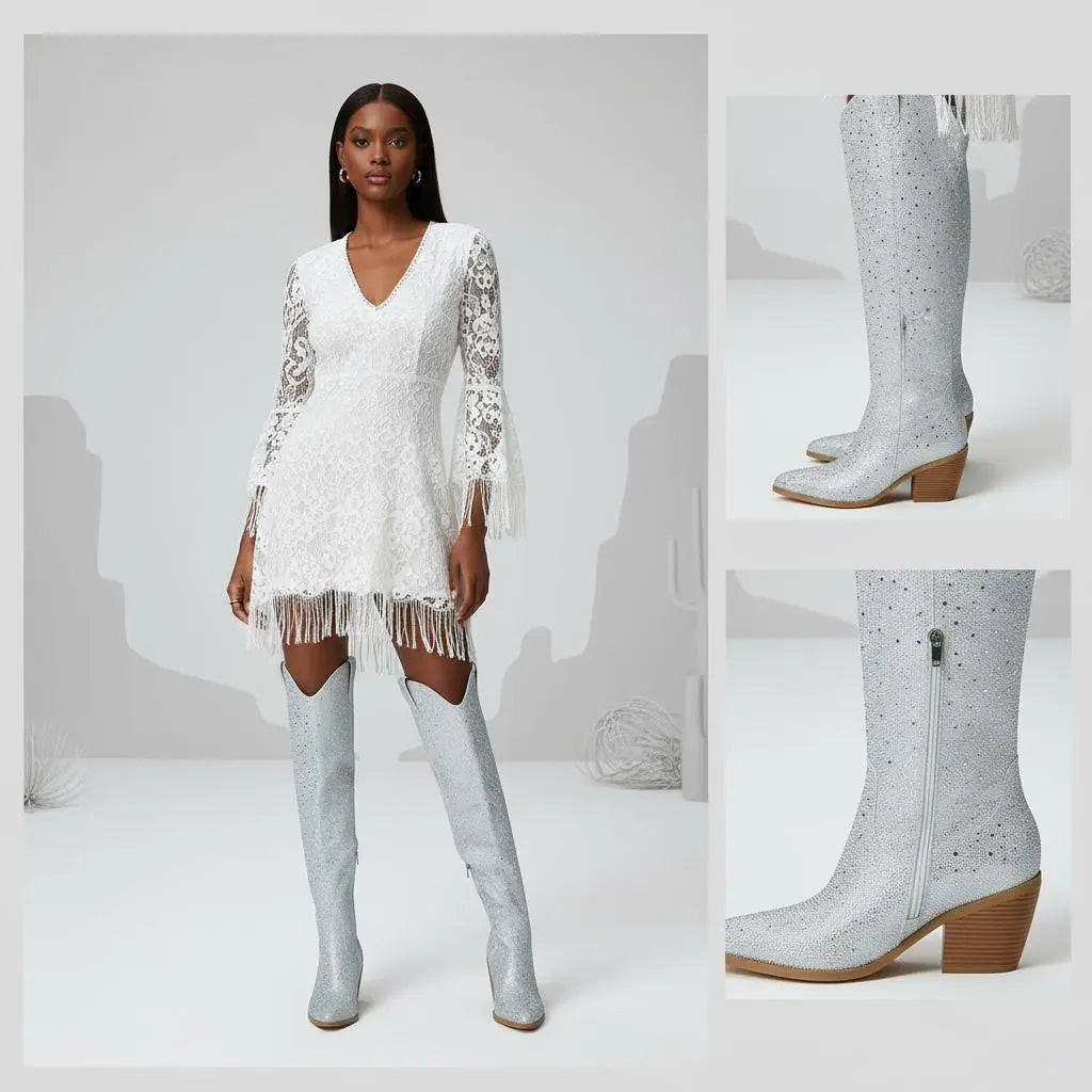 Tuhoomall Western Over-Knee Cowboy Boots With Chunky Heel, Rhinestone-Studded Vegan Leather, Casual All-Season Style, Round Toe, Zipper Closure Tuhoomall