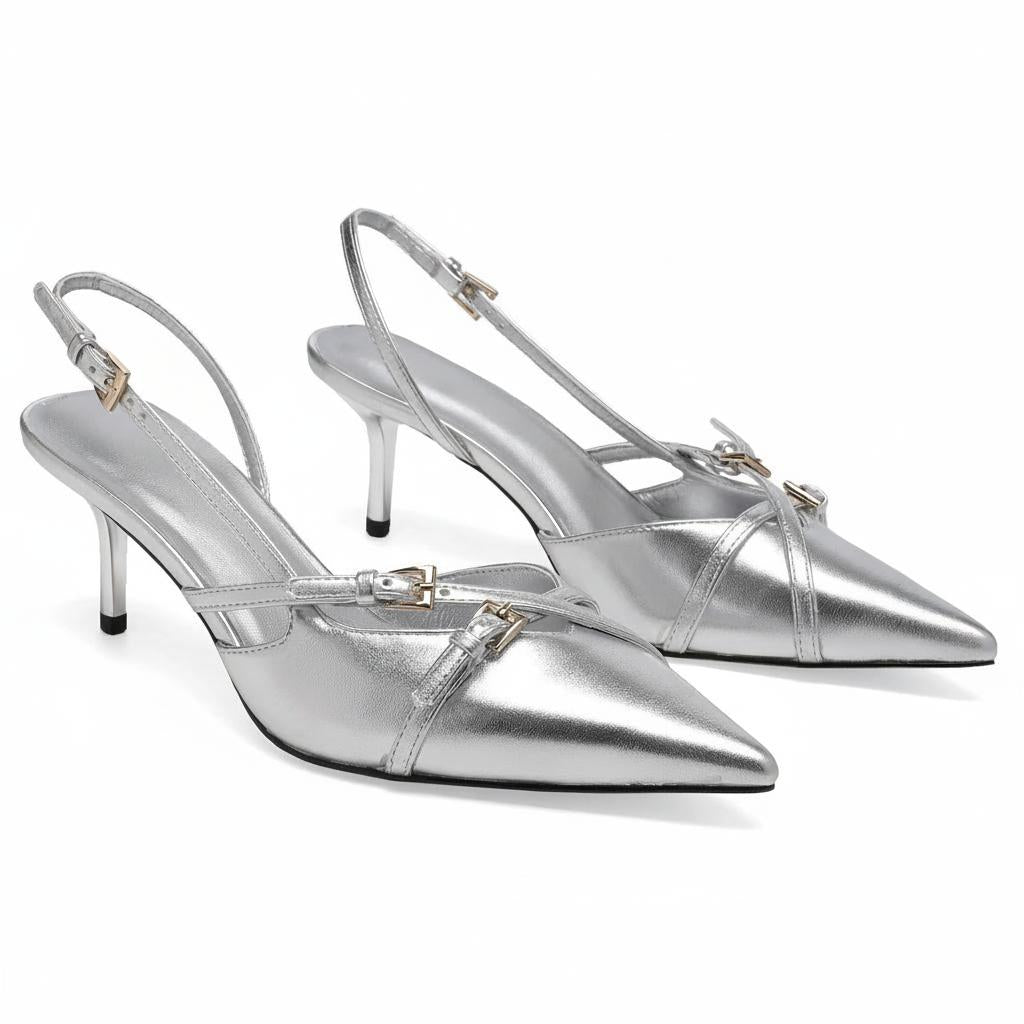 Tuhoomall High Heel Sandals for Women, Stylish Pointed Toe Low Heel, Double Buckle Open Back Design for Casual and Formal Occasions Tuhoomall