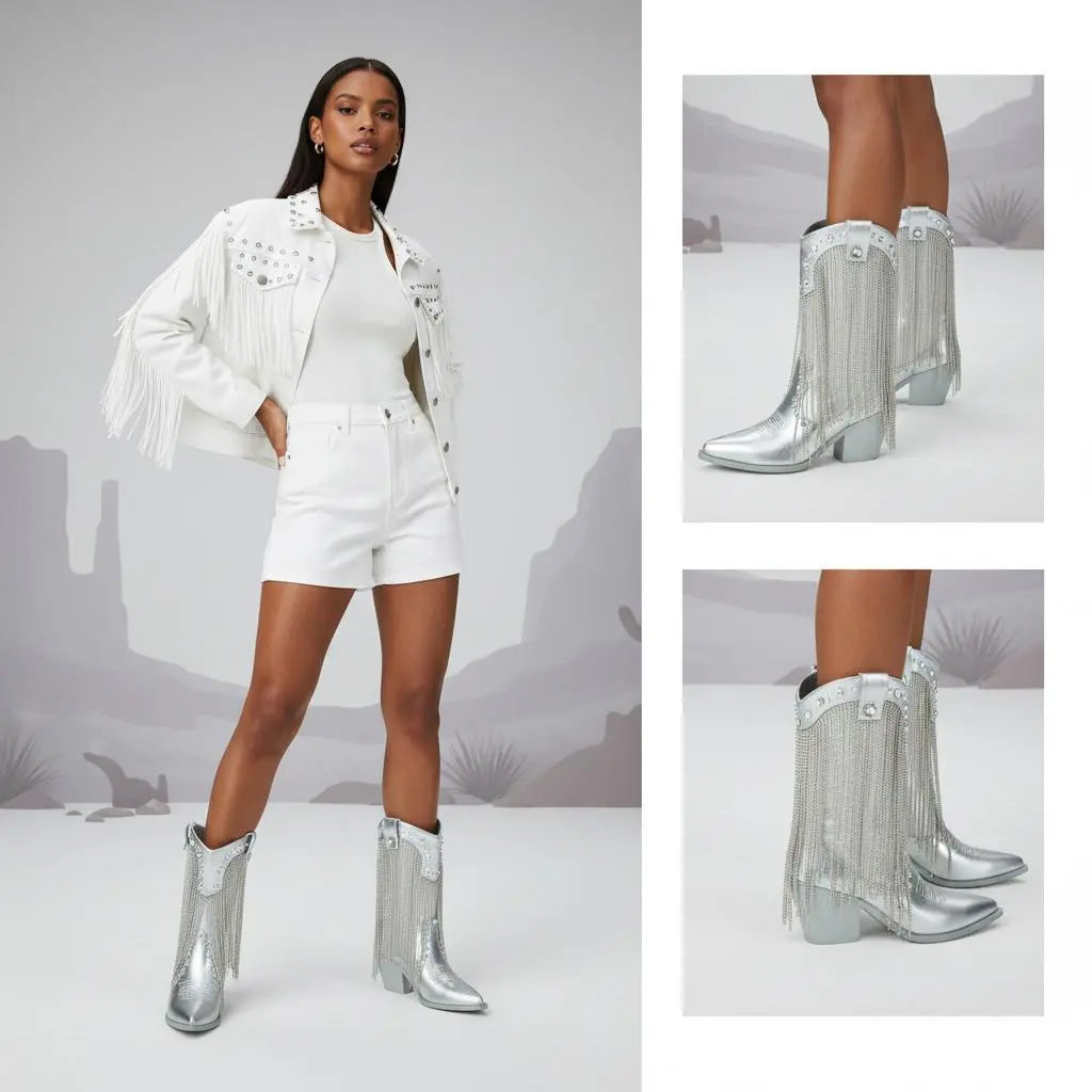 Tuhoomall Chic Pointed Toe Chunky Heel Ankle Boots with Tassels and Sparkling Rhinestones for Parties and Stylish Casual Outings Tuhoomall