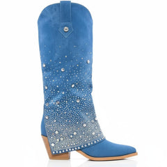 Tuhoomall Western Denim Mid Calf Boots With Chunky Heel, Pointed Toe, Rhinestone Embellishments For Casual Style, 13 In Shaft Height