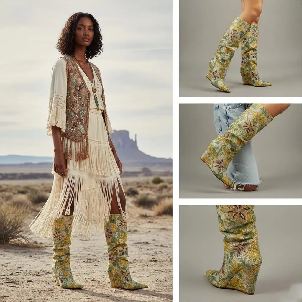 Tuhoomall Over-The-Knee Western Style Boots For Women, Comfortable Floral Design, Perfect For Parties And Casual Outfits Tuhoomall