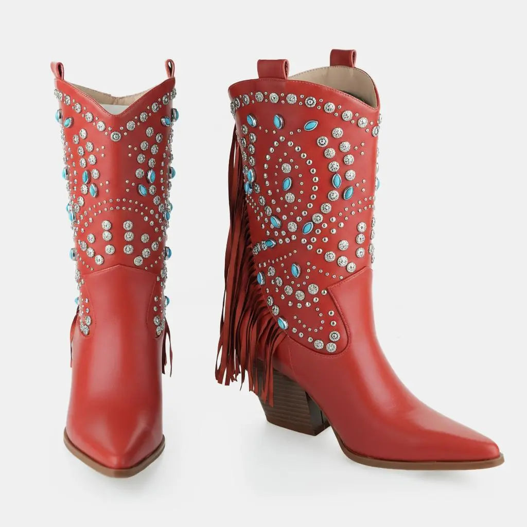 Tuhoomall Western Style Floral Embellished Mid-Calf Cowboy Boots with Chunky Heel for Fashion, Outdoor, Party and Casual Western Boots Tuhoomall