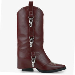 Tuhoomall Western Cowboy Ankle Boots For Women, Fashionable Chunky Heeled Mid-Calf Boots With Metal Buckle, Casual All-Season Style Tuhoomall