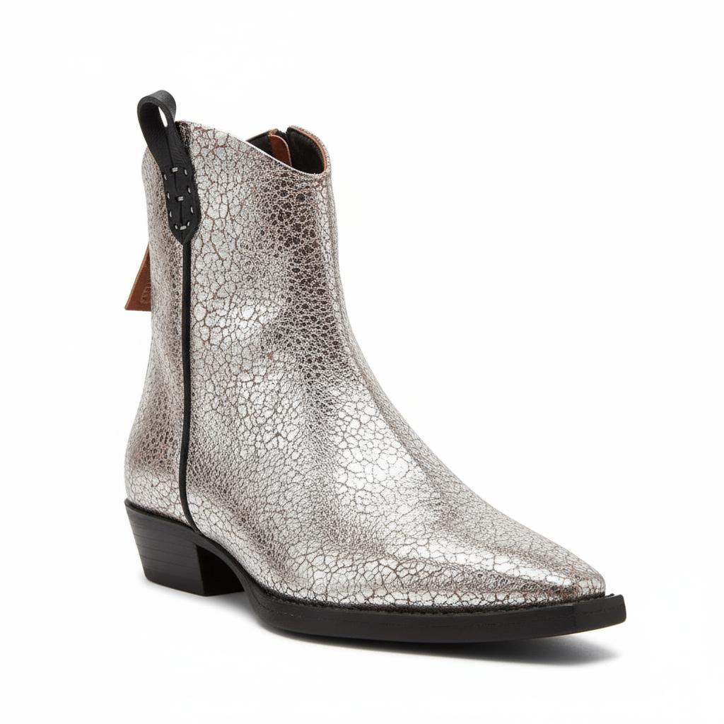 Tuhoomall Metallic Silver Chunky Heel Ankle Boots - Stylish Snip Toe Design, Effortless Slip-On, Perfect for Casual and Office Wear