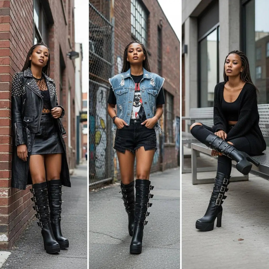 Tuhoomall Knee High Gladiator Style Thick Sole Party Boots with Adjustable Buckle and Studded Zipper for Fashionable Casual Events Tuhoomall