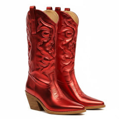 Tuhoomall Comfortable Western Boots for Women – 6cm Low Chunky Heel, Slip-On Design with Floral Embroidery - Fashionable All-Season Style