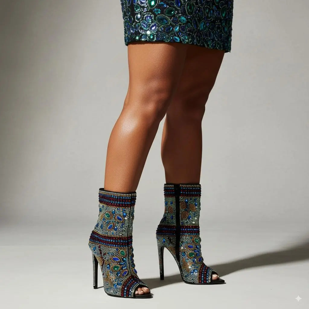 Tuhoomall Stylish Women’s Ankle Boots with Rhinestones, Peep Toe, High Heel for Parties,Trendy and Elegant Tuhoomall