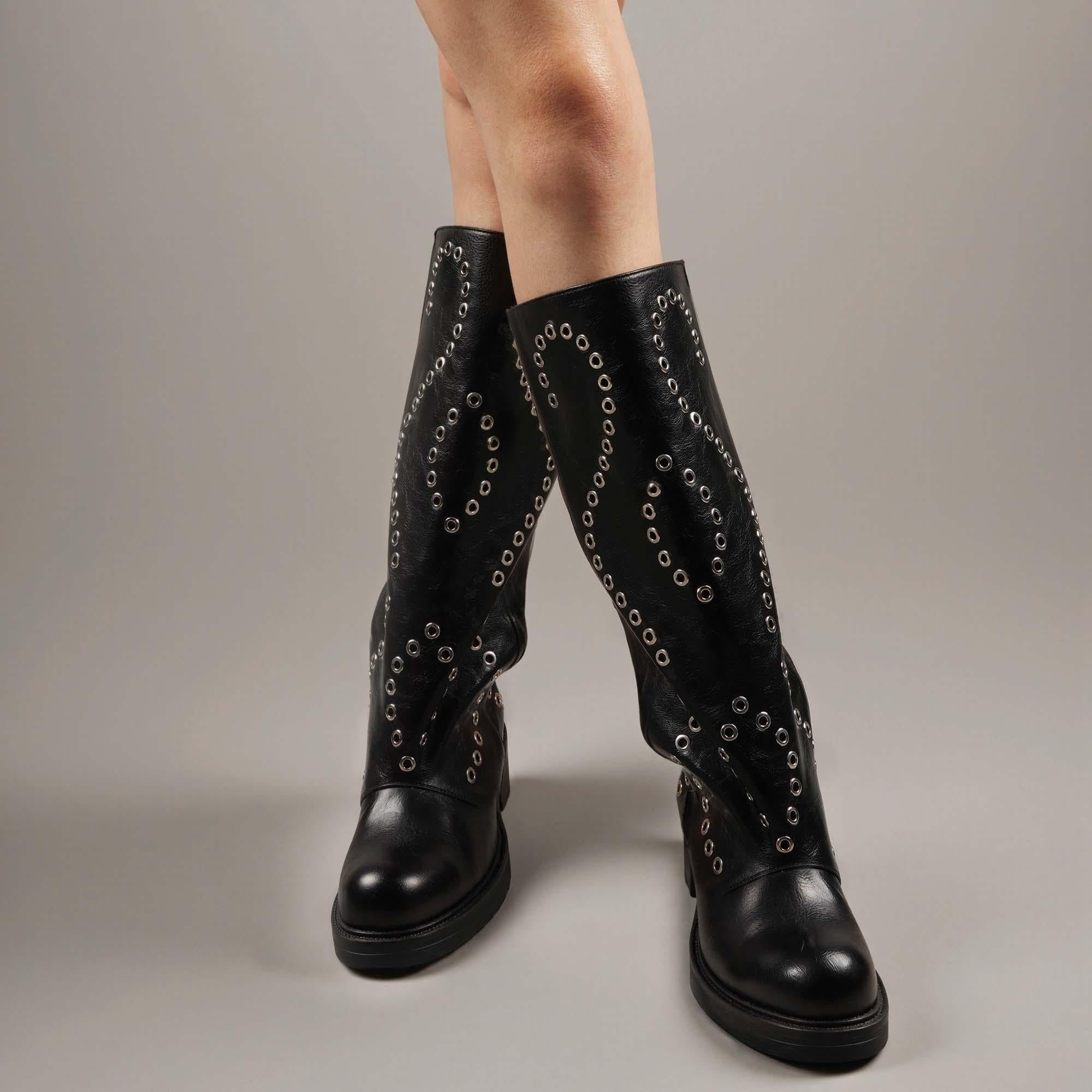 Tuhoomall Comfortable Knee-High Boots with Geometric Patterns, Low Heel, Perfect for Performances and Casual Fashion