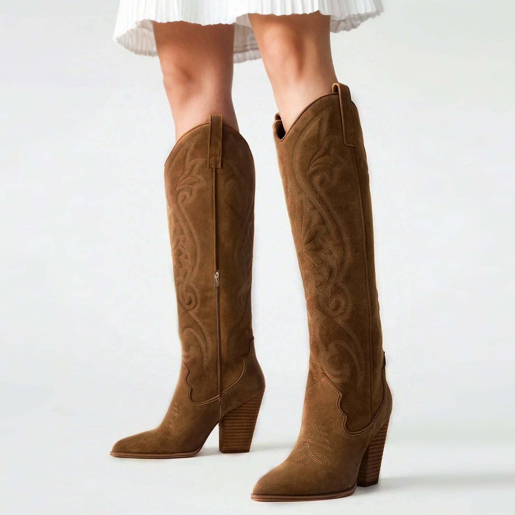 Tuhoomall Western Floral Embroidered Knee-High Boots for Women - Comfortable Slip-On Design with Chunky Heel for Parties and Daily Wear