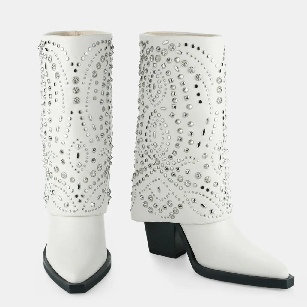 Tuhoomall Western Cowboy Boots For Women, Mid-Calf Foldable Design, Trendy Geometric Pattern, Chunky Heel, Sparkling Studs, Perfect For Outdoor Fashion Tuhoomall