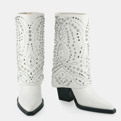 Tuhoomall Western Cowboy Boots For Women, Mid-Calf Foldable Design, Trendy Geometric Pattern, Chunky Heel, Sparkling Studs, Perfect For Outdoor Fashion Tuhoomall