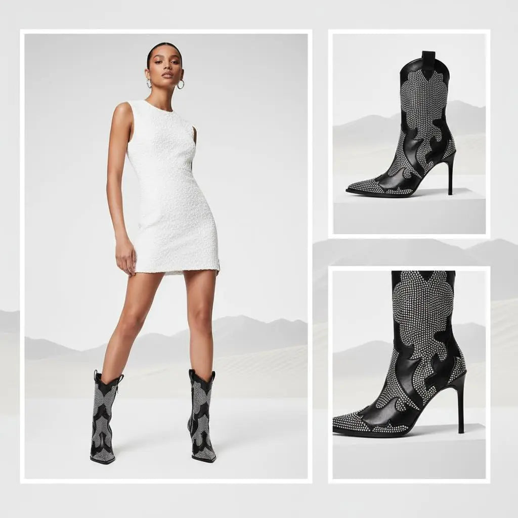 Tuhoomall Stiletto Ankle Boots With Rhinestone Applique, 3.94in Heel, Pointy Toe, Chic For Parties And Casual Outings, All-Season Wear Tuhoomall