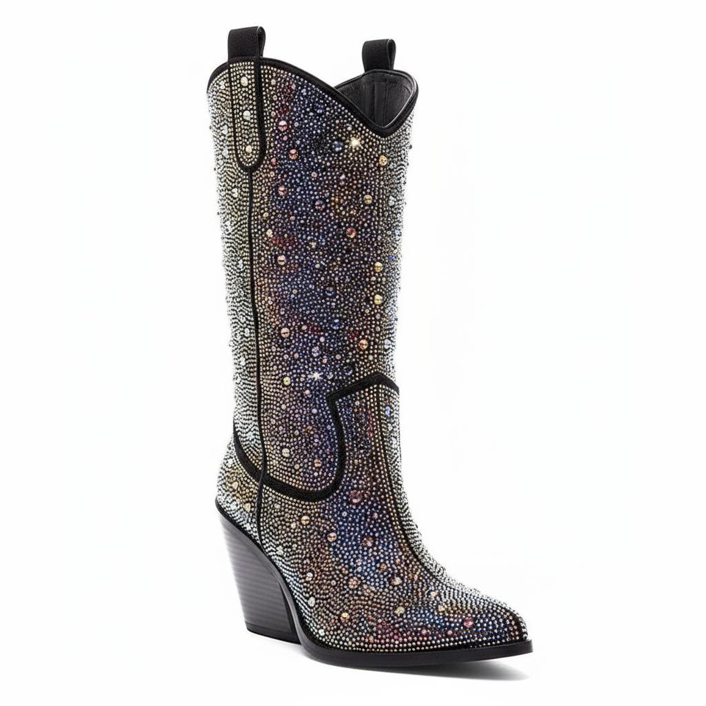 Tuhoomall Western Ankle Boots With Rhinestones, Mid Heel 3.00 in, Faux Leather, Stylish For Parties, Weddings, Performances
