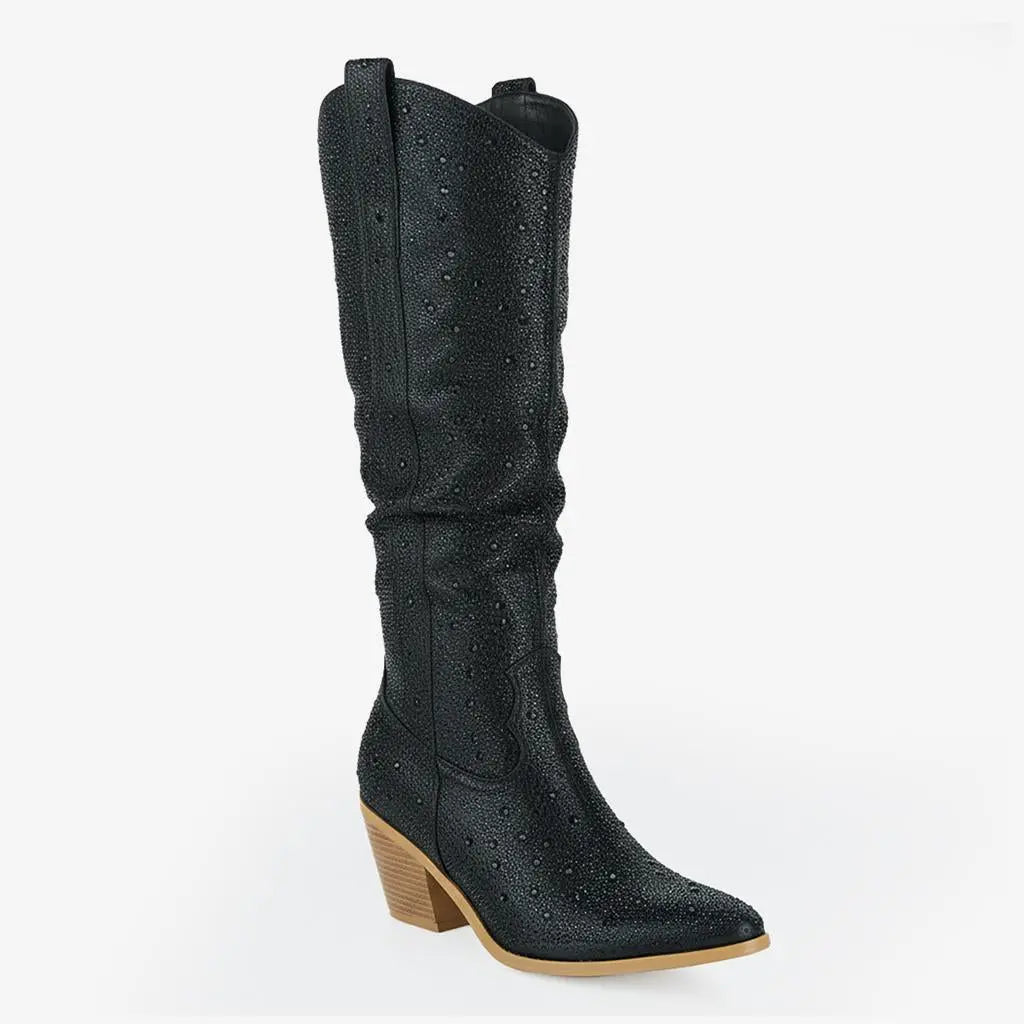 Tuhoomall Rhinestone Western Mid Calf Boots For Women - Chunky Heel & Easy Zip Closure, Stylish For Travel And Weddings Tuhoomall