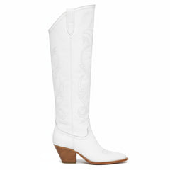 Tuhoomall Western Over-the-Knee Boots with Chunky Heel, Embroidered Vegan Leather for Fashionable Travel & Classic Style, Thigh-High Solid Color Design