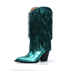 Tuhoomall Cowboy Ankle Boots for Women, Chunky Heel 3.15 in, Pointed Toe, Sequined Fringes, Perfect for Fashion Parties and Performances