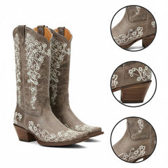 Tuhoomall Western Cowgirl Mid Calf Boots with Chunky Heel and Embroidery, Slip-On Stylish Footwear for Outdoor Fashion