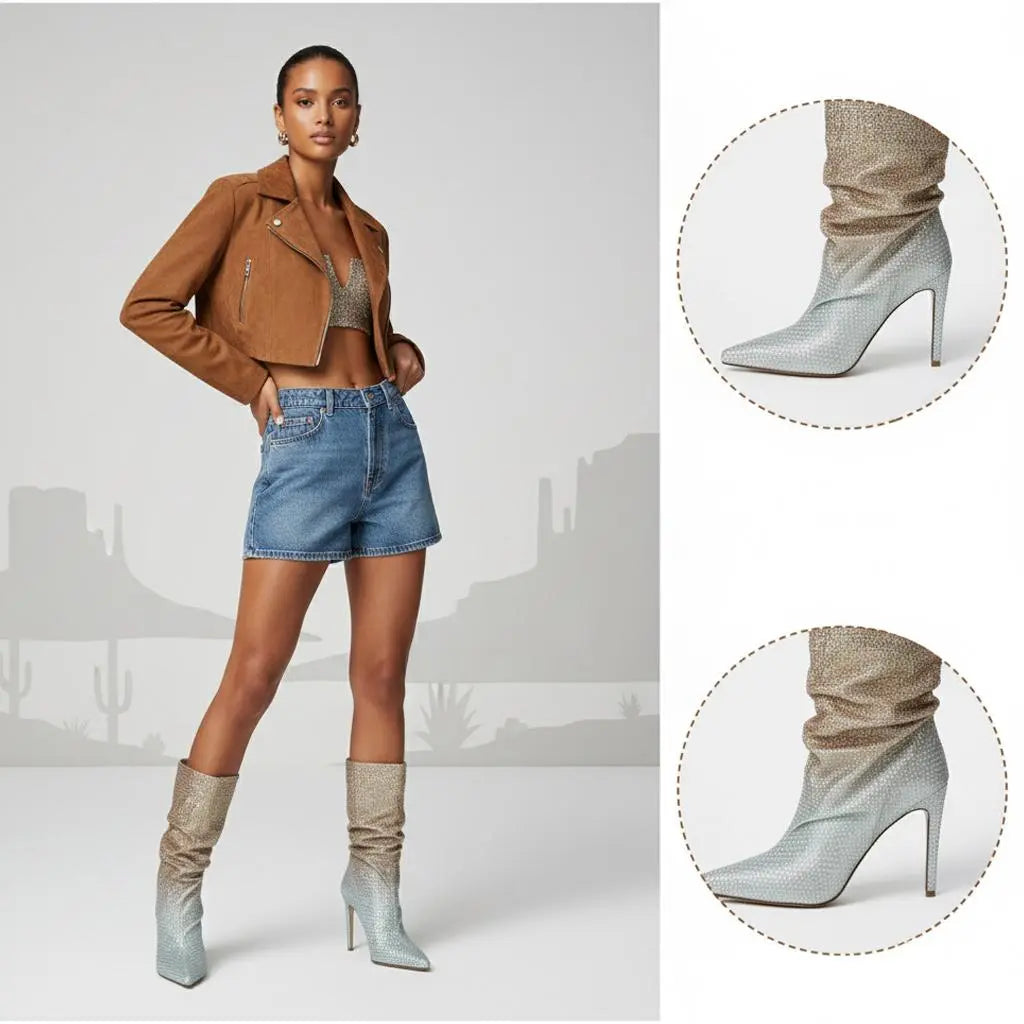 Tuhoomall Fashionable Women's Short Boots with Pointed Toe and Shiny Rhinestones for Parties and Performances - High Heels Design, Trendy Look Tuhoomall