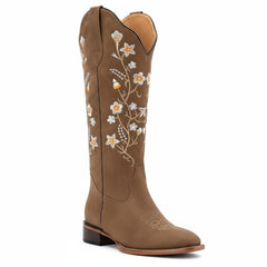 Tuhoomall Comfortable Floral Embroidered Western Boots for Women, Chunky Low Heel, Faux Suede with Rubber Sole, Perfect for Casual and Office Wear