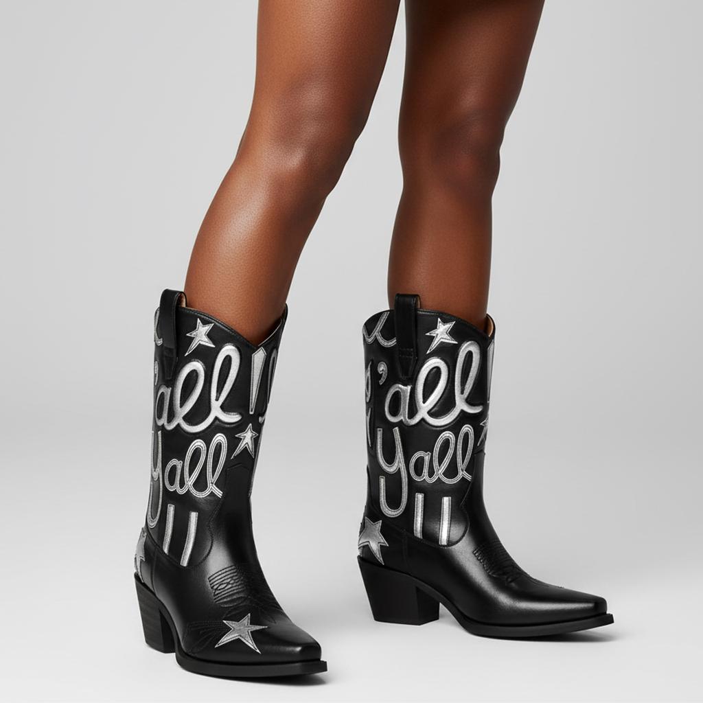 Tuhoomall Comfortable Western Boots for Fashion Parties and Daily Wear with Star and Letter Embroidery, Chunky Heel, Slip-On Design Tuhoomall