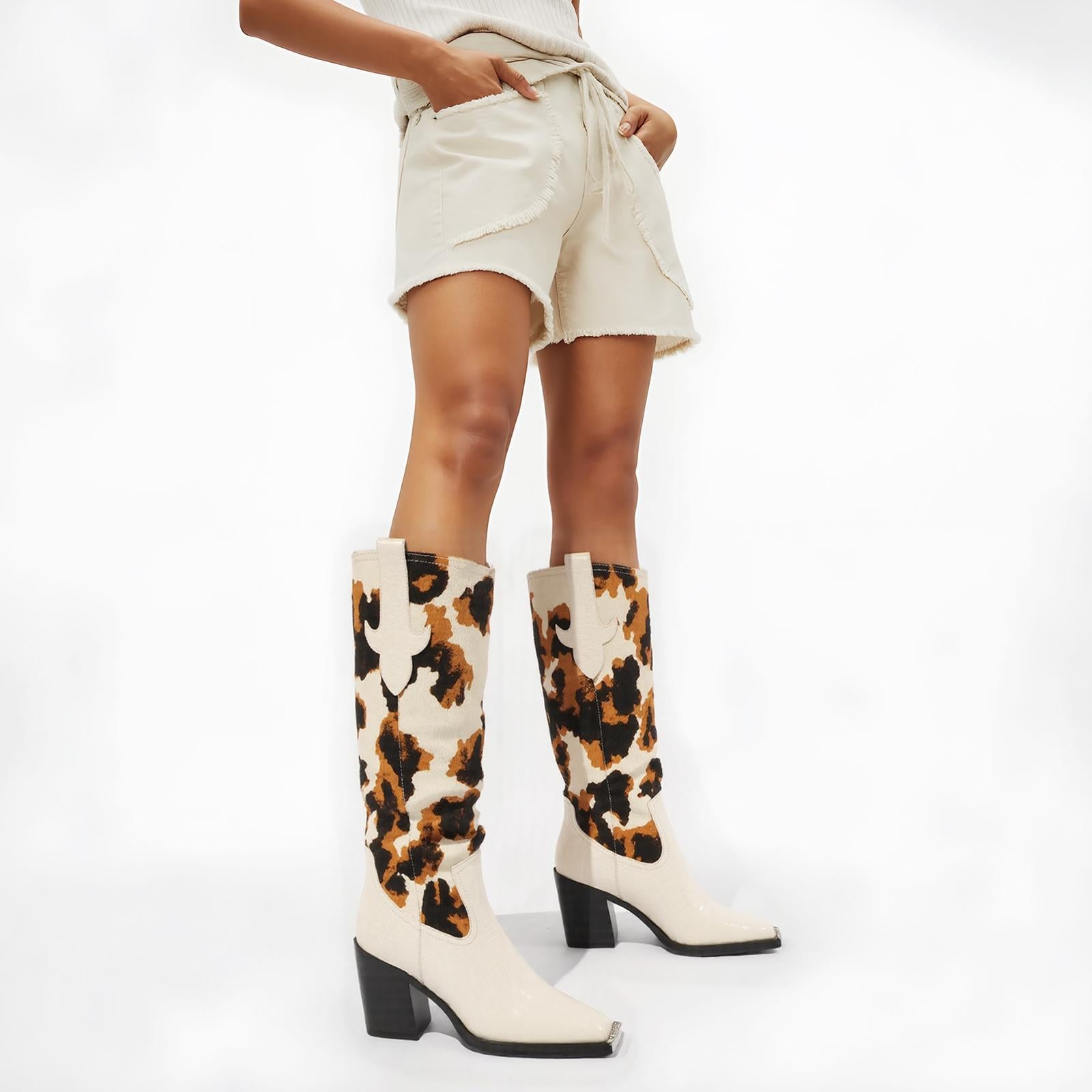 Tuhoomall Western Style Women's Ankle Boots With Lizard Pattern For Party And Dance, 8cm Chunky Heel, Easy Slip-On Design