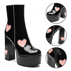 Tuhoomall Chunky Heeled Ankle Boots for Women, Heart Pattern, Zipper Closure, All-Season Fashion, Perfect for Parties and Travel