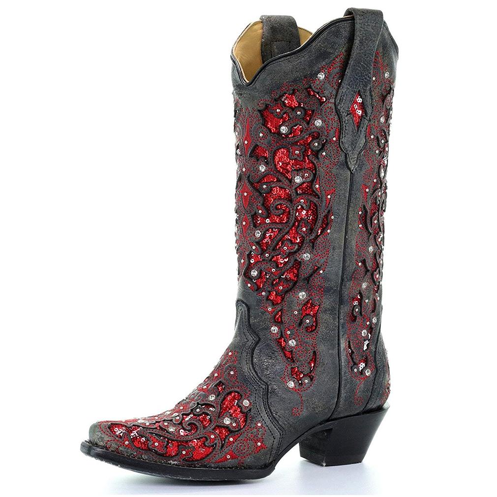 Tuhoomall Cowboy Boots for Women Western Square Toe Mid Calf White Cowgirl Boots Rhinestone Chunky Wedding