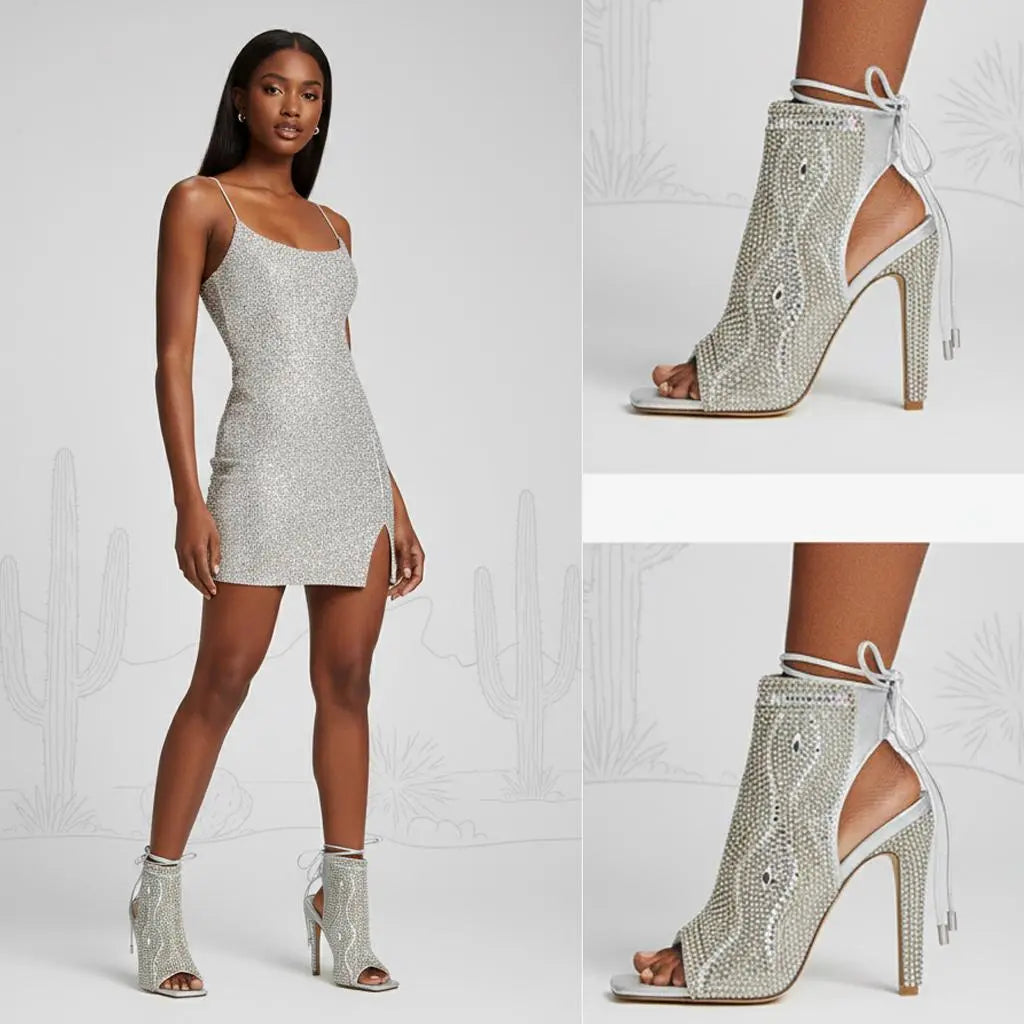 Tuhoomall Stylish High Heel Open-Toe Ankle sandals with Rhinestones for Party and Performance, Chunky Design and Lace-Up Closure, Perfect for All Seasons Tuhoomall