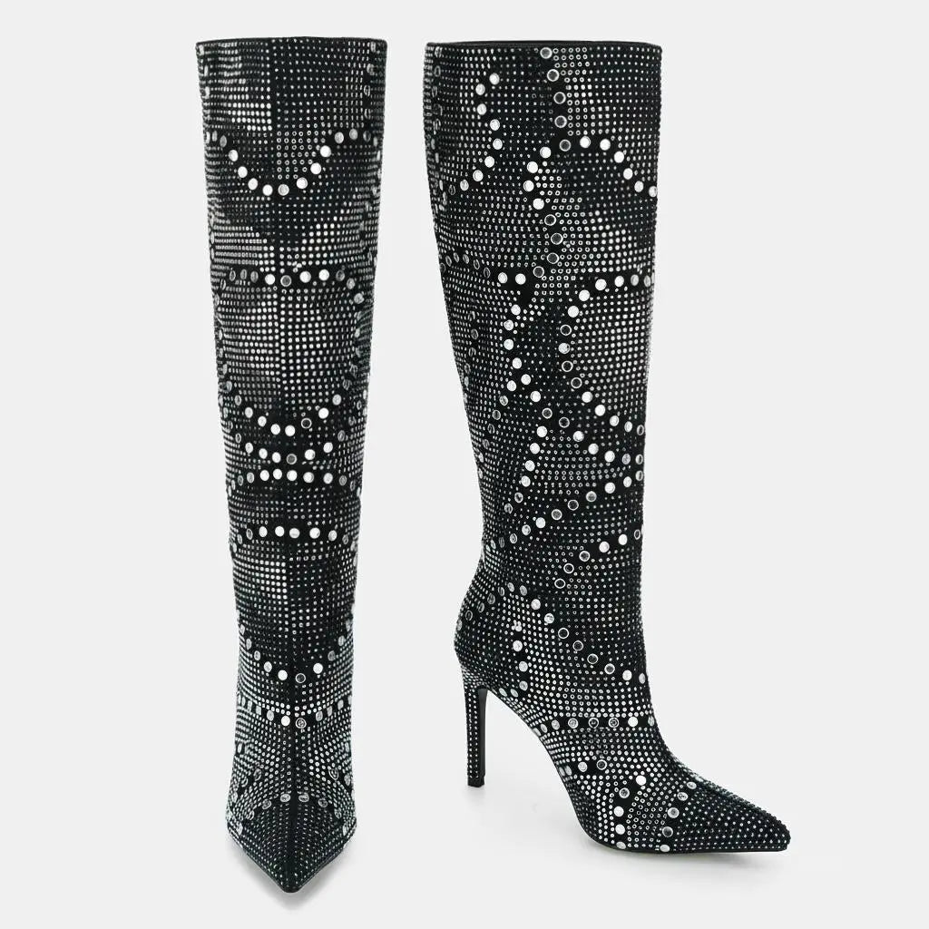 Tuhoomall Western Style Knee-High Glittering Stiletto Boots for Parties and Performances with Rhinestones and Geometric Patterns Tuhoomall