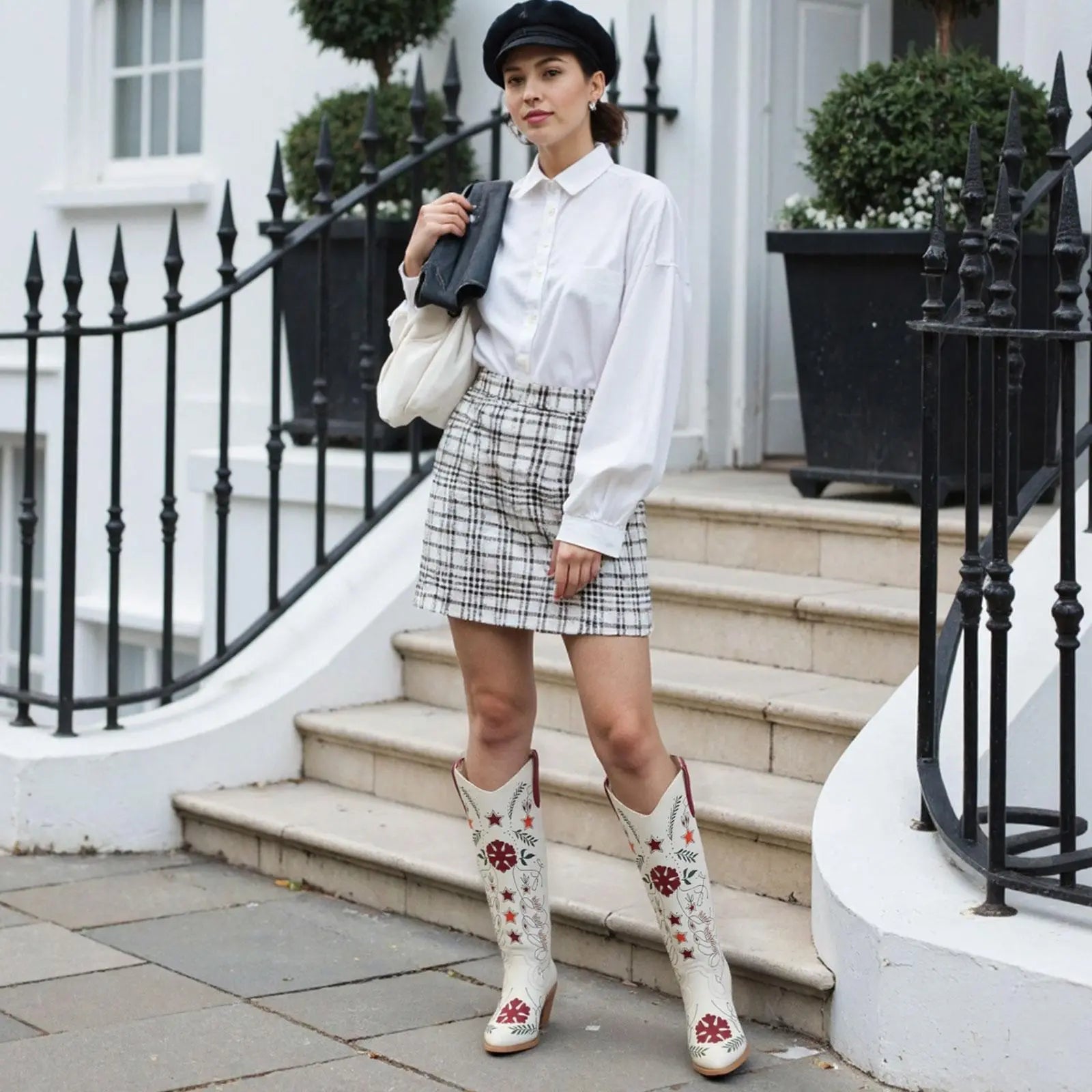 Tuhoomall Western Cowboy Knee-High Boots with Floral Embroidery, Chunky Heels for Fashion, Outdoor and Casual Wear, Unique Hollow Design, All-Season Ready Tuhoomall