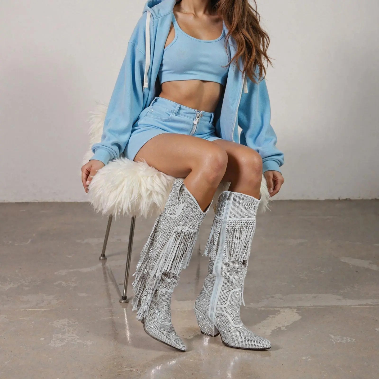 Tuhoomall Knee High Suede Boots For Women With Chunky Heel, Pointed Toe, Tassel And Rhinestones, Perfect For Fashion, Casual And Outdoor Wear Tuhoomall