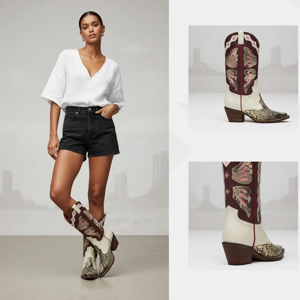 Tuhoomall Western Cowboy Boots for Women, Floral and Animal Print, Chunky Heels, Perfect for Parties and Fashion Events, Easy Slip-On Style Tuhoomall