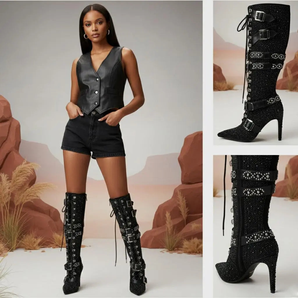 Tuhoomall Rhinestone Knee-High Heeled Boots for Women with Adjustable Strap, Faux Suede Finish and Geometric Pattern, Perfect for Parties and Dances Tuhoomall
