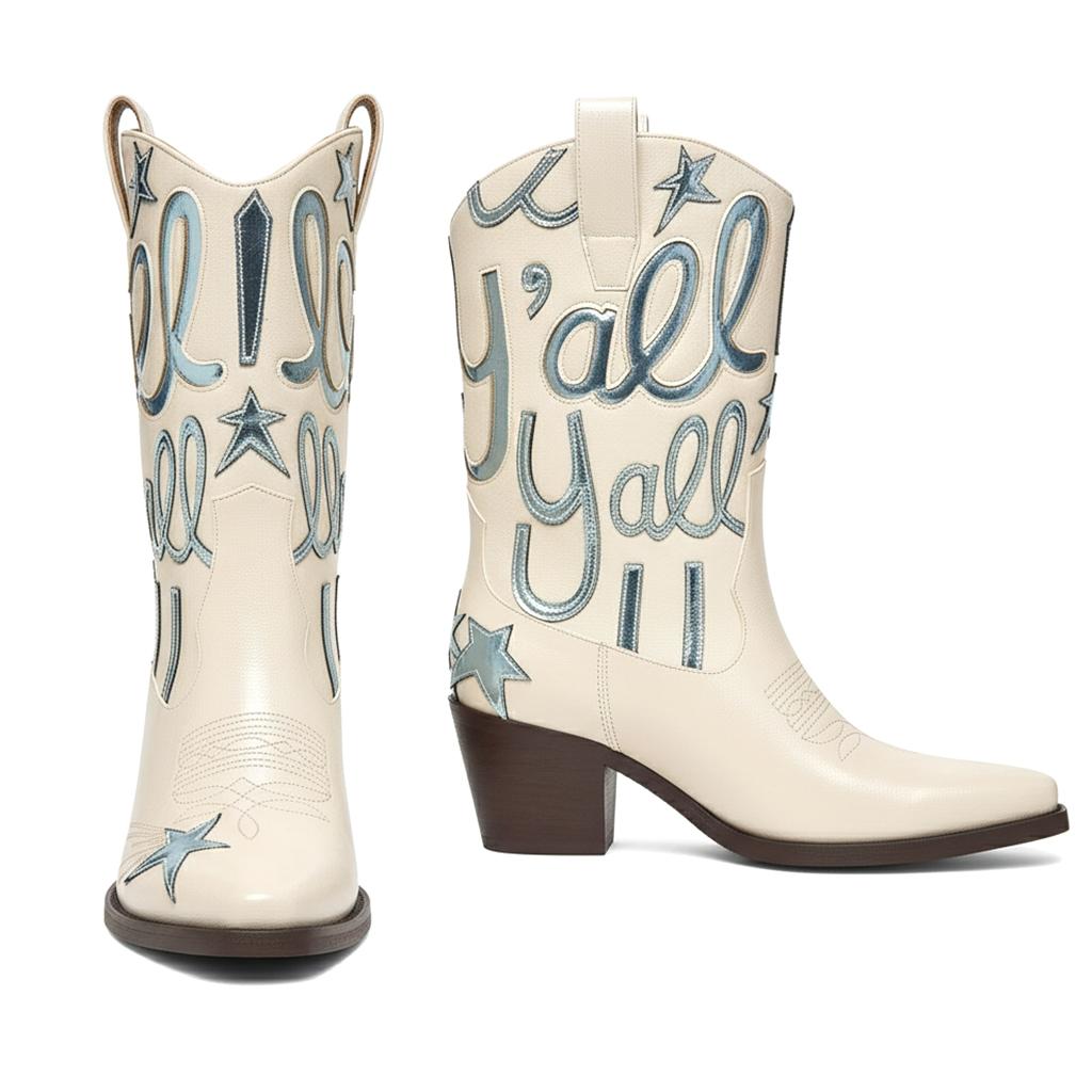 Tuhoomall Comfortable Western Boots for Fashion Parties and Daily Wear with Star and Letter Embroidery, Chunky Heel, Slip-On Design Tuhoomall