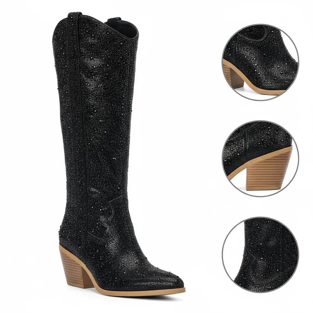 Tuhoomall Rhinestone Western Mid Calf Boots For Women - Chunky Heel & Easy Zip Closure, Stylish For Travel And Weddings Tuhoomall