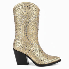 Tuhoomall Western Style Chunky Heel Boots for Women, 10cm Faux Suede with Rivet and Rhinestone Accents, Easy Zipper Closure for Parties and Performances