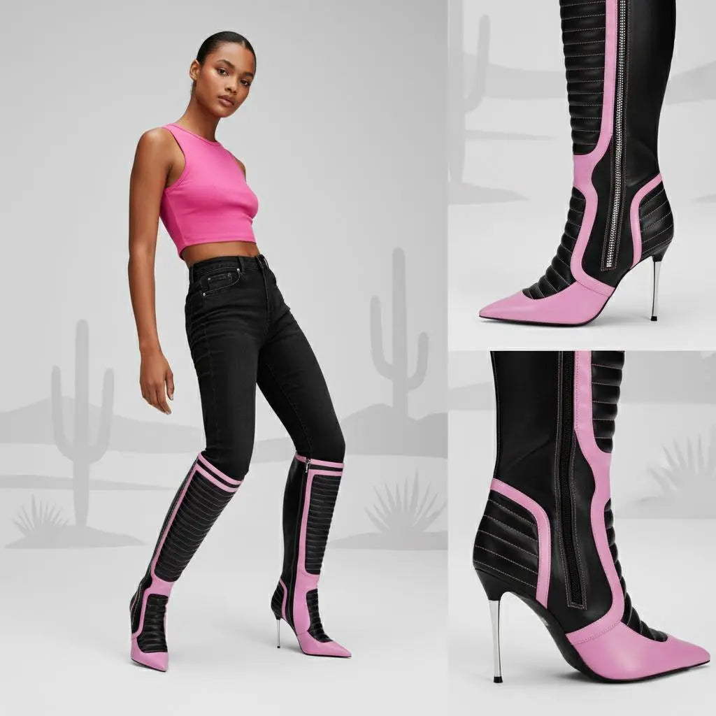 Tuhoomall Knee High Party Boots with Pointed Toe, 10cm Stiletto Heels, Stylish Striped Pattern, Perfect for Fashionable Events Tuhoomall