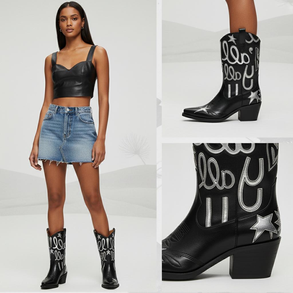 Tuhoomall Comfortable Western Boots for Fashion Parties and Daily Wear with Star and Letter Embroidery, Chunky Heel, Slip-On Design Tuhoomall